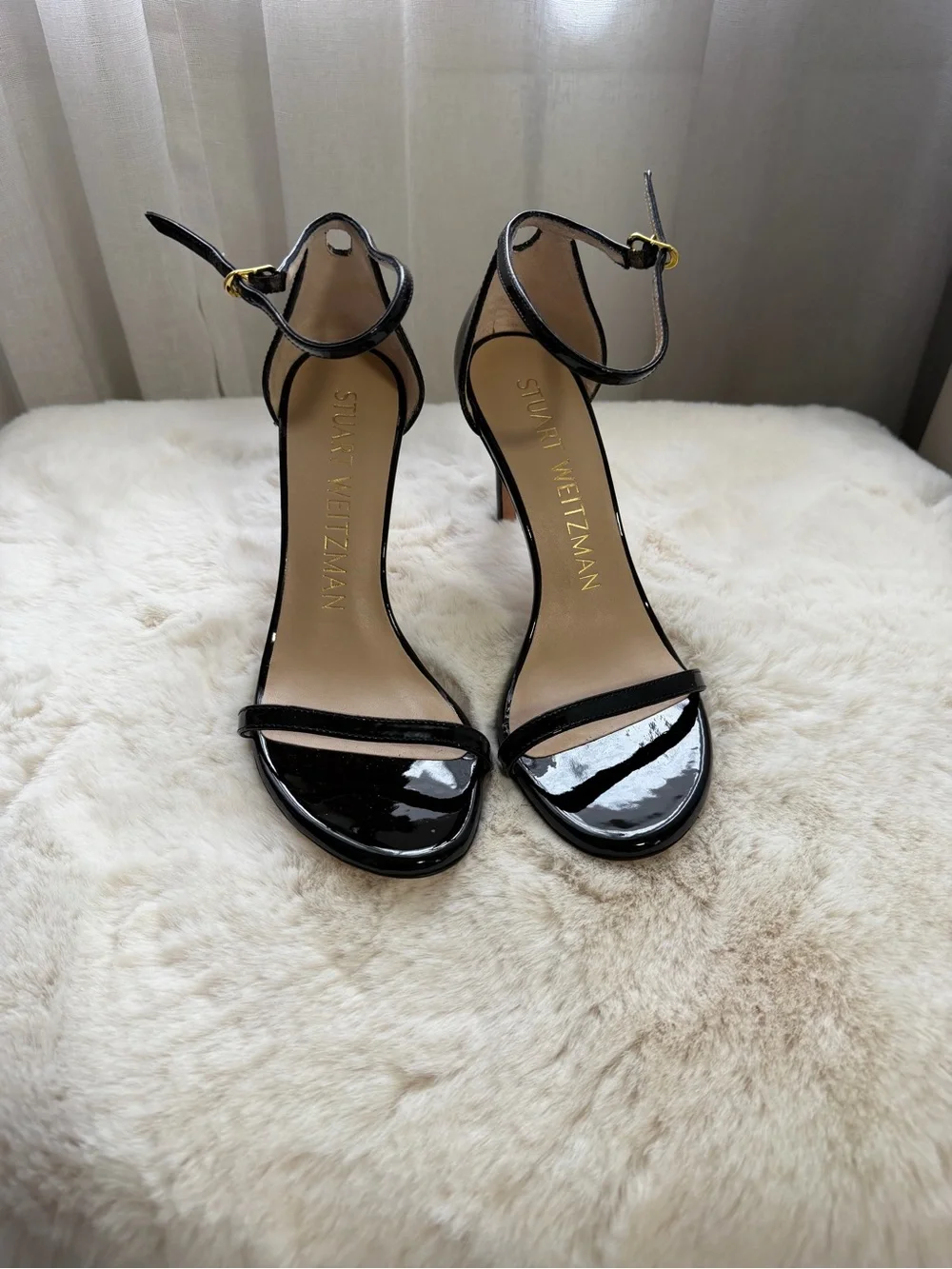Stuart Weitzman Black Patent Leather Ankle-Strap Heels